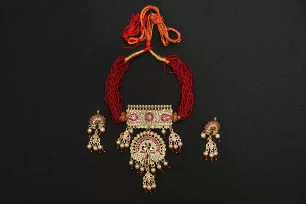 one gram gold polish plated peacock design necklace with pair of earrings set for women