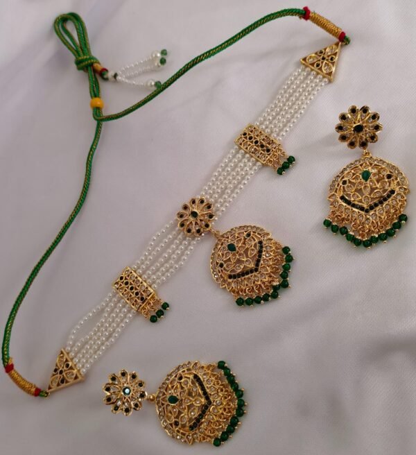 One Gram Gold Polish Plated Jadu Choker Green Necklace For Girls And Women - Image 2