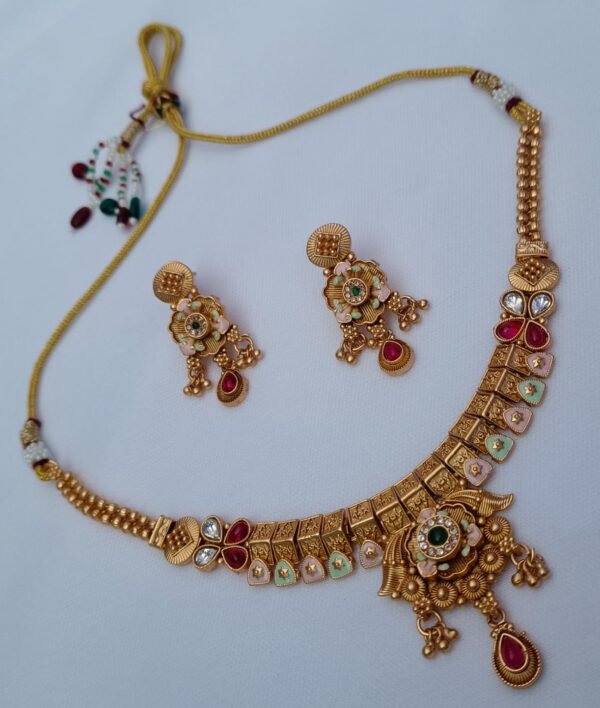 Antique Copper Minakari Necklace Set With Earrings
