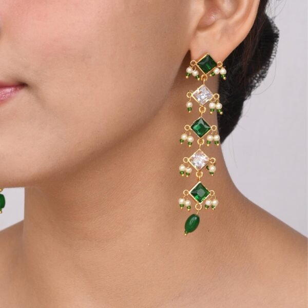 American Diamond White Green Choker Necklace with Earrings - Image 4