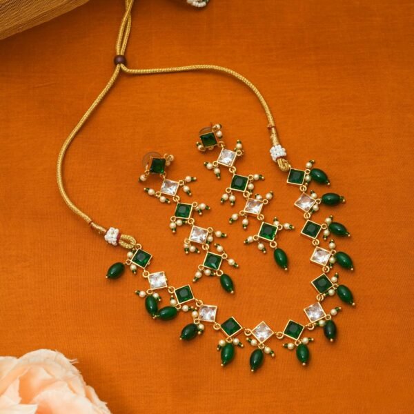 American Diamond White Green Choker Necklace with Earrings - Image 5