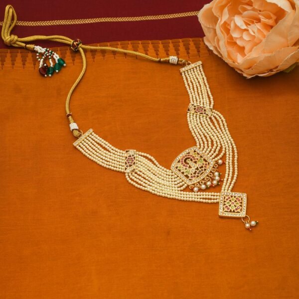 Micro Gold Polish Plated Double Layer Jodhpuri Short Necklace - Image 5