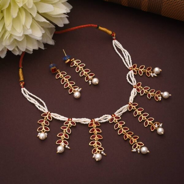 One Gram Gold Polish Plated White Pearl American Diamond Antique Necklace With Earrings For Girls And Women Suitable For Saree Suit And Lehnga - Image 3