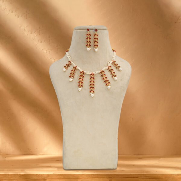 One Gram Gold Polish Plated White Pearl American Diamond Antique Necklace With Earrings For Girls And Women Suitable For Saree Suit And Lehnga - Image 2